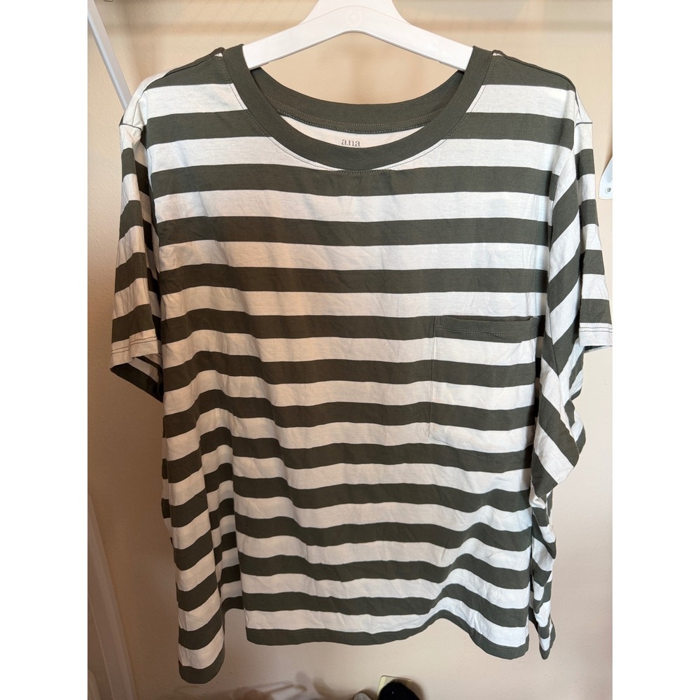 ana Womens Olive Green White Striped Short Sleeve Pocket T-Shirt Crew Neck XL